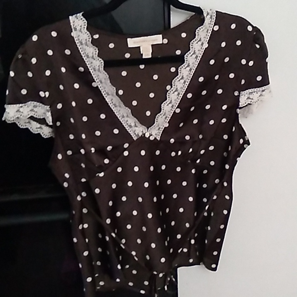 Monteau Brown Polka Dot Lace-Trim V-Neck Top